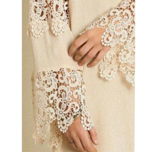 Umgee Cream Boho Crochet Lace Bell Sleeve Dress S - Picture 2 of 8